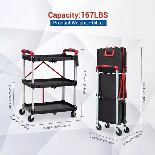 Chariot de service pliable 2025, chariot roulant utilitaire portable à 3 niveaux, capacité de charge de 25,4 kg par étagère, avec roues et poignée ergonomique