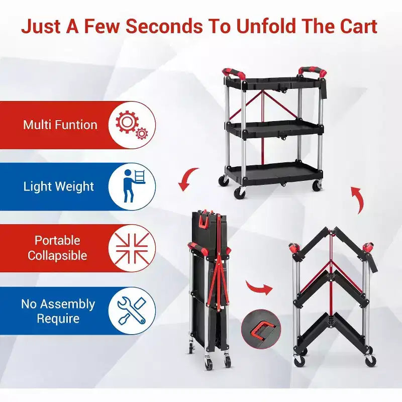 Chariot de service pliable 2025, chariot roulant utilitaire portable à 3 niveaux, capacité de charge de 25,4 kg par étagère, avec roues et poignée ergonomique