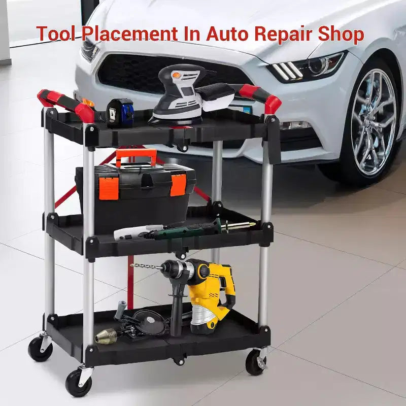 Chariot de service pliable 2025, chariot roulant utilitaire portable à 3 niveaux, capacité de charge de 25,4 kg par étagère, avec roues et poignée ergonomique