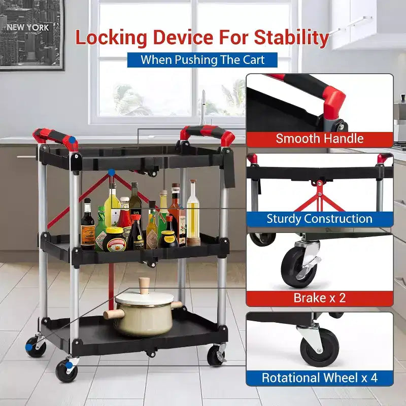 Chariot de service pliable 2025, chariot roulant utilitaire portable à 3 niveaux, capacité de charge de 25,4 kg par étagère, avec roues et poignée ergonomique