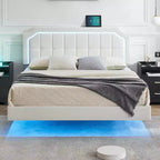Floating Bed Frame with RGB LED Lights - Upholstered Platform with Adjustable Button Tufted Headboard, No Box Spring Needed, Easy to Assemble