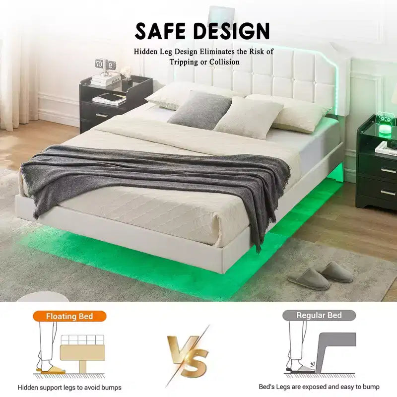 Lit flottant avec lumières LED RVB - Plateforme rembourrée avec tête de lit capitonnée réglable, aucun sommier tapissier requis, facile à assembler