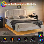Lit flottant avec lumières LED RVB - Plateforme rembourrée avec tête de lit capitonnée réglable, aucun sommier tapissier requis, facile à assembler