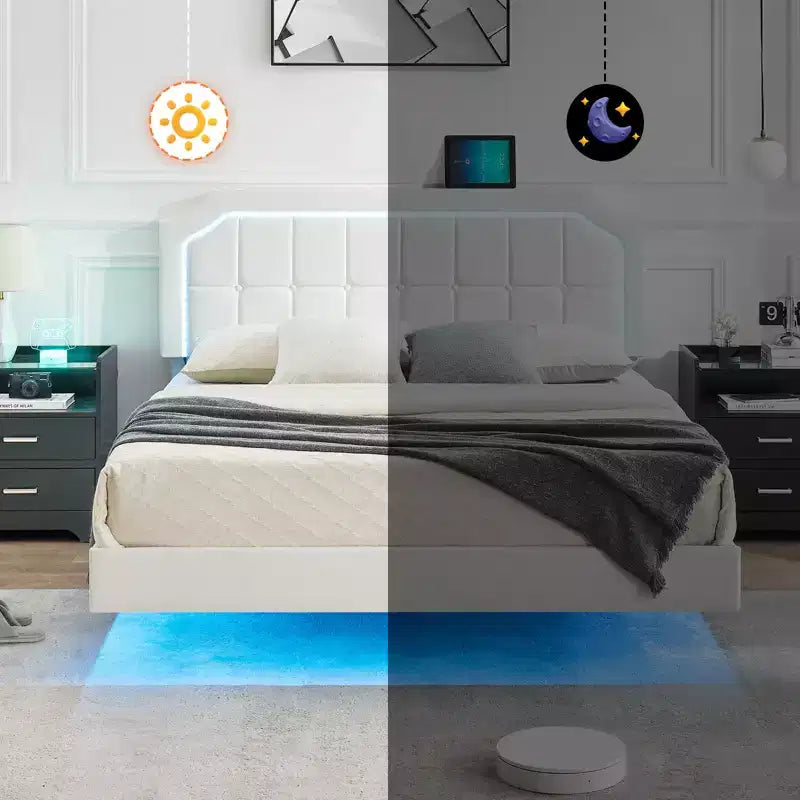 Lit flottant avec lumières LED RVB - Plateforme rembourrée avec tête de lit capitonnée réglable, aucun sommier tapissier requis, facile à assembler