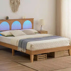 Cadre de lit en rotin avec tête de lit en rotin naturel, cadre de lit Queen avec lumières LED, cadre de lit plateforme avec tête de lit, pas besoin de sommier tapissier