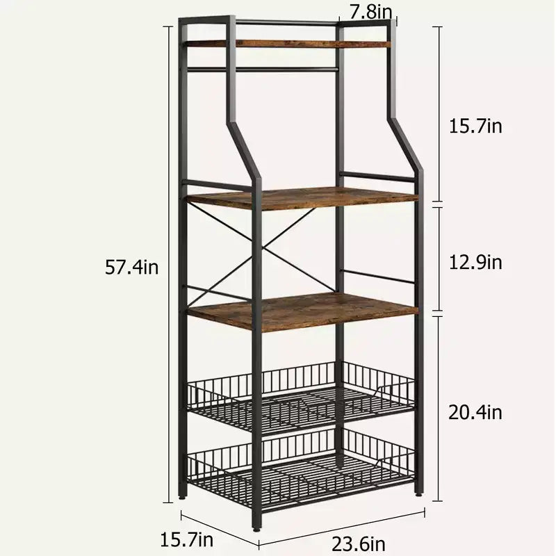 Meuble de micro-ondes rustique, étagère de rangement à 5 niveaux avec pieds réglables et kit anti-basculement, bois composite