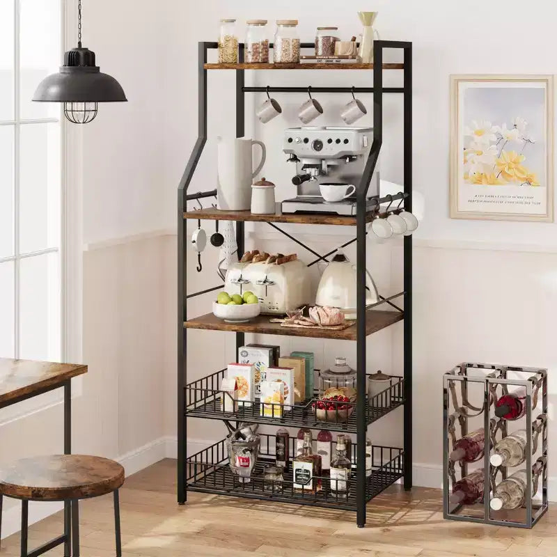 Meuble de micro-ondes rustique, étagère de rangement à 5 niveaux avec pieds réglables et kit anti-basculement, bois composite