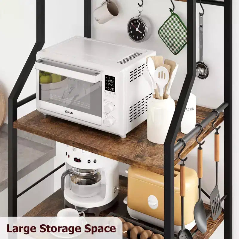 Meuble de micro-ondes rustique, étagère de rangement à 5 niveaux avec pieds réglables et kit anti-basculement, bois composite