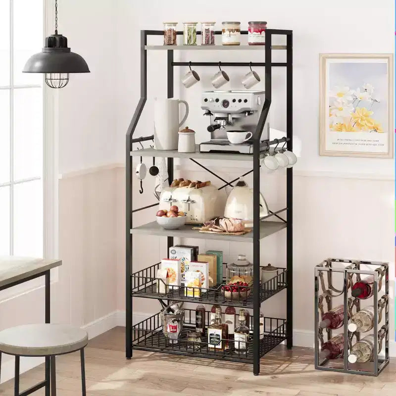 Meuble de micro-ondes rustique, étagère de rangement à 5 niveaux avec pieds réglables et kit anti-basculement, bois composite