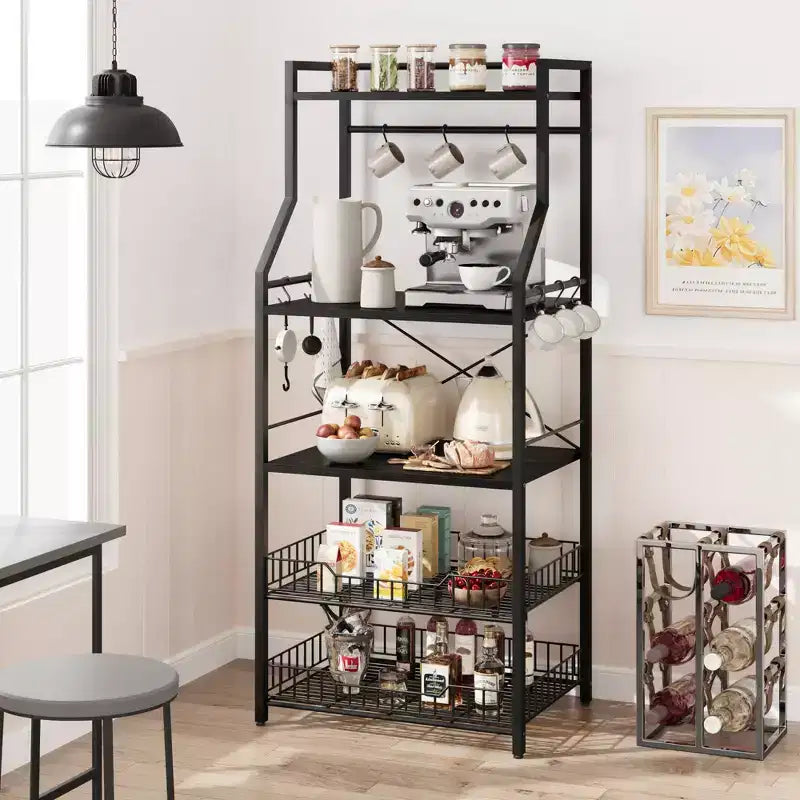 Meuble de micro-ondes rustique, étagère de rangement à 5 niveaux avec pieds réglables et kit anti-basculement, bois composite