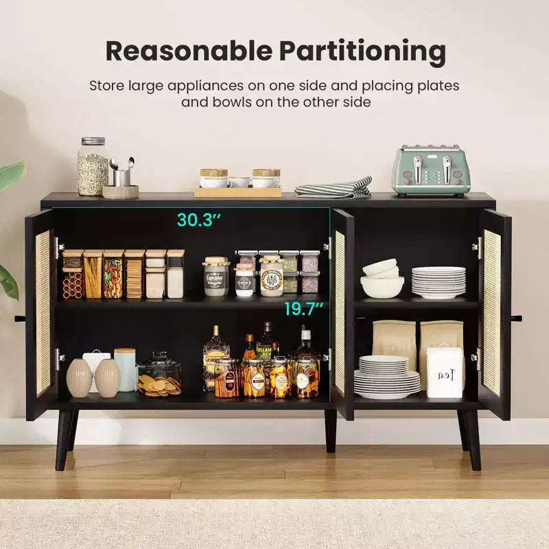 Bahut de cuisine avec 3 portes en rotin et étagères réglables