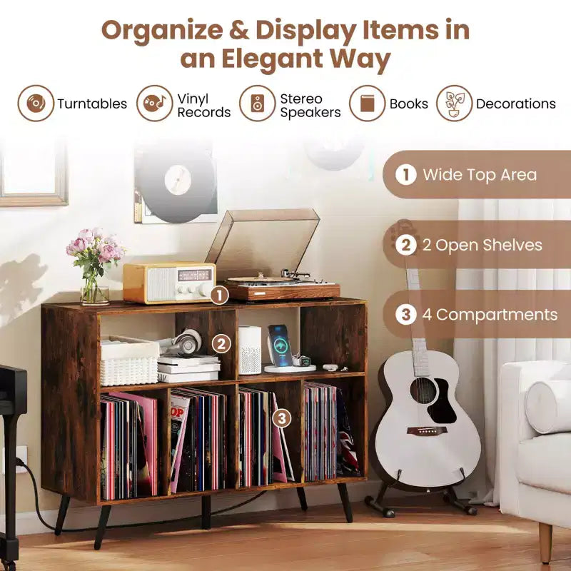 Meuble pour platine vinyle avec station de charge, étagères ouvertes et compartiments, pieds surélevés, marron/blanc
