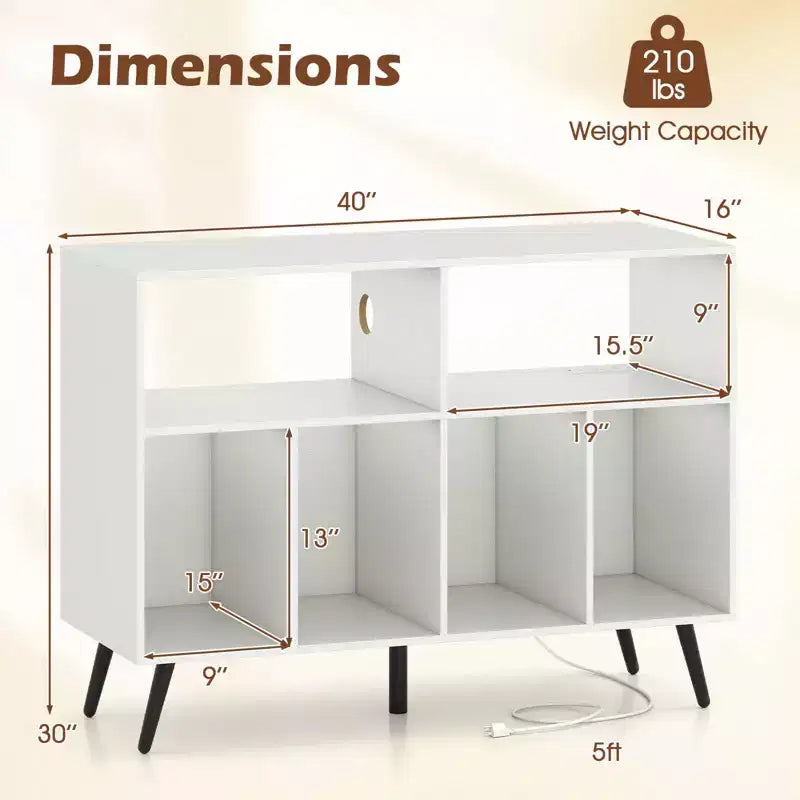 Meuble pour platine vinyle avec station de charge, étagères ouvertes et compartiments, pieds surélevés, marron/blanc