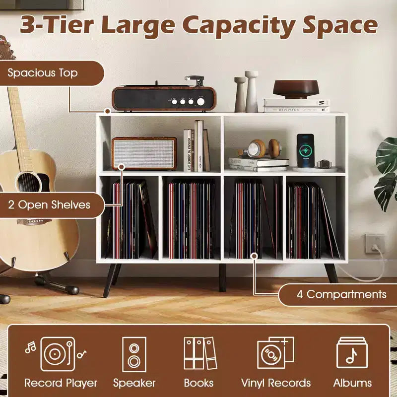 Meuble pour platine vinyle avec station de charge, étagères ouvertes et compartiments, pieds surélevés, marron/blanc