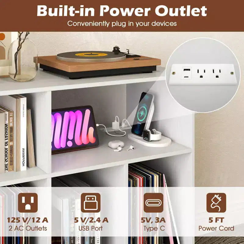 Meuble pour platine vinyle avec station de charge, étagères ouvertes et compartiments, pieds surélevés, marron/blanc