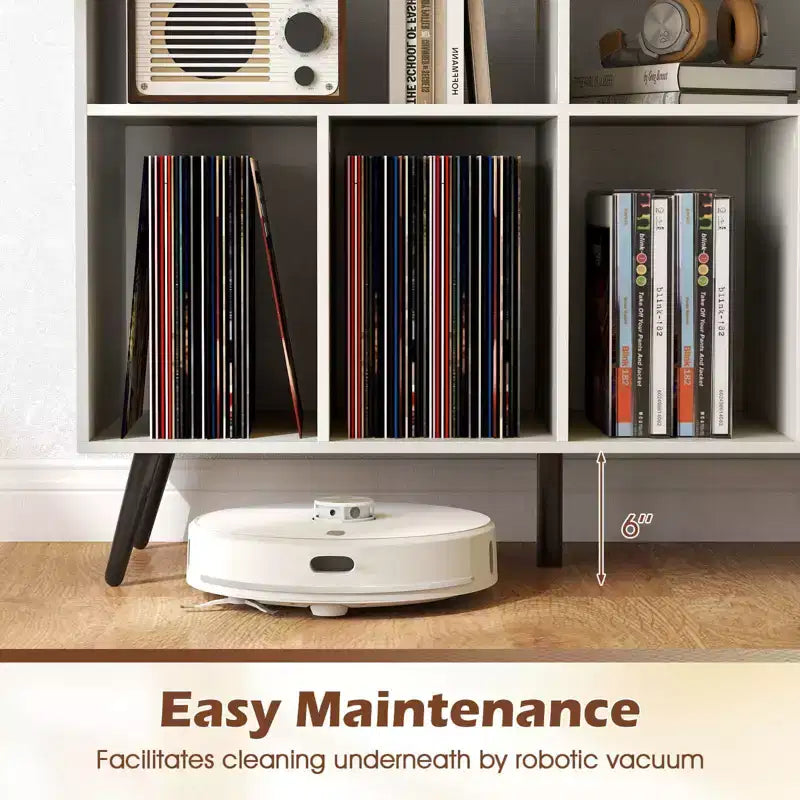 Meuble pour platine vinyle avec station de charge, étagères ouvertes et compartiments, pieds surélevés, marron/blanc
