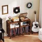 Meuble pour platine vinyle avec station de charge, étagères ouvertes et compartiments, pieds surélevés, marron/blanc