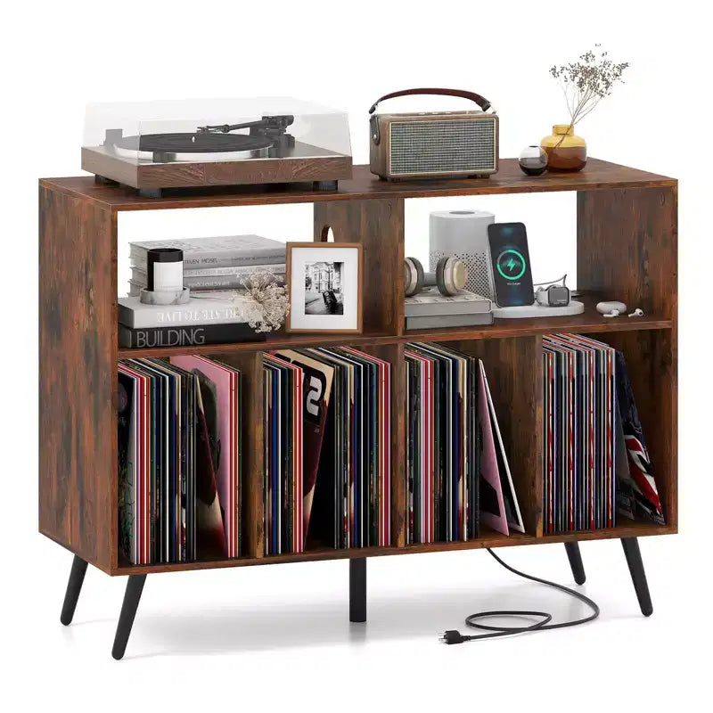 Meuble pour platine vinyle avec station de charge, étagères ouvertes et compartiments, pieds surélevés, marron/blanc