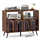 Meuble pour platine vinyle avec station de charge, étagères ouvertes et compartiments, pieds surélevés, marron/blanc