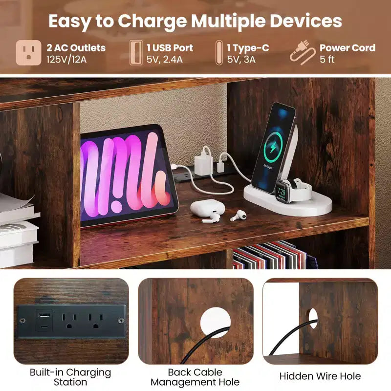Meuble pour platine vinyle avec station de charge, étagères ouvertes et compartiments, pieds surélevés, marron/blanc