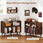 Meuble pour platine vinyle avec station de charge, étagères ouvertes et compartiments, pieds surélevés, marron/blanc