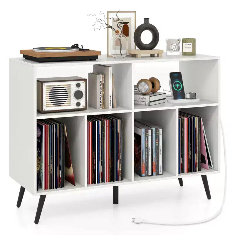Meuble pour platine vinyle avec station de charge, étagères ouvertes et compartiments, pieds surélevés, marron/blanc