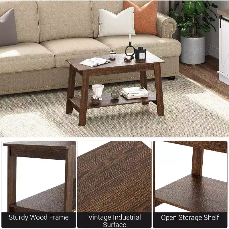 Table basse en bois de style ferme, avec 2 étagères de rangement pour petits espaces, table basse moderne