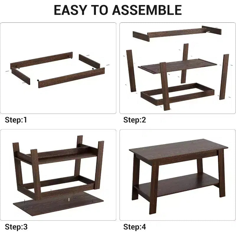 Table basse en bois de style ferme, avec 2 étagères de rangement pour petits espaces, table basse moderne