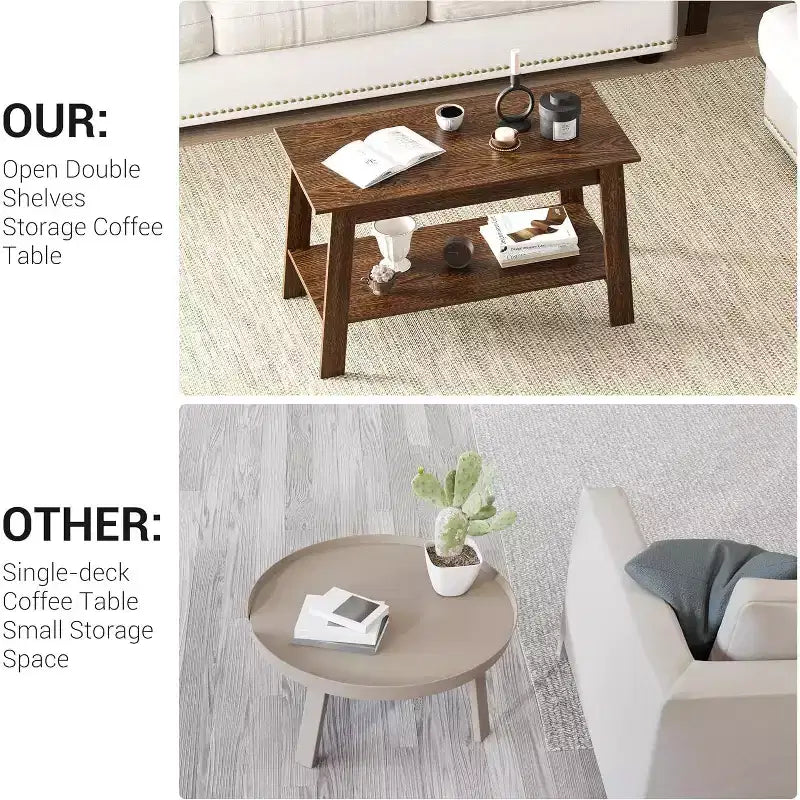 Table basse en bois de style ferme, avec 2 étagères de rangement pour petits espaces, table basse moderne