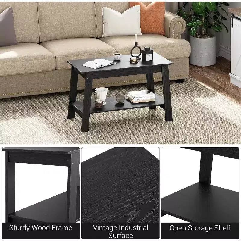 Table basse en bois de style ferme, avec 2 étagères de rangement pour petits espaces, table basse moderne