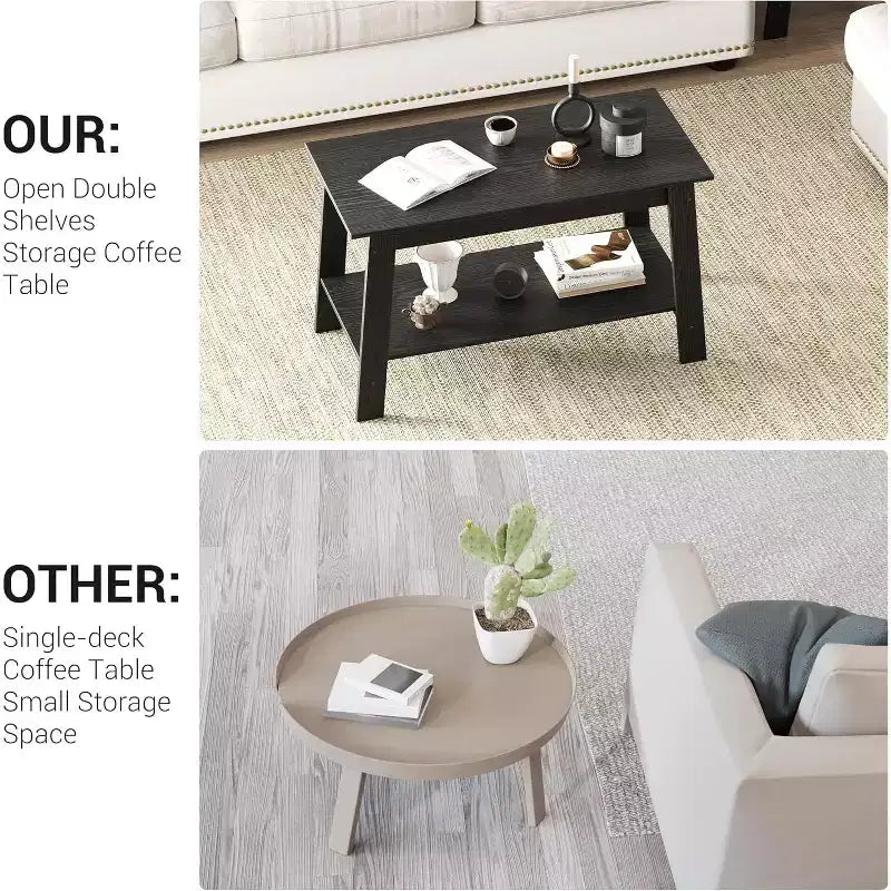 Table basse en bois de style ferme, avec 2 étagères de rangement pour petits espaces, table basse moderne