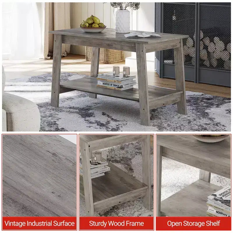 Table basse en bois de style ferme, avec 2 étagères de rangement pour petits espaces, table basse moderne