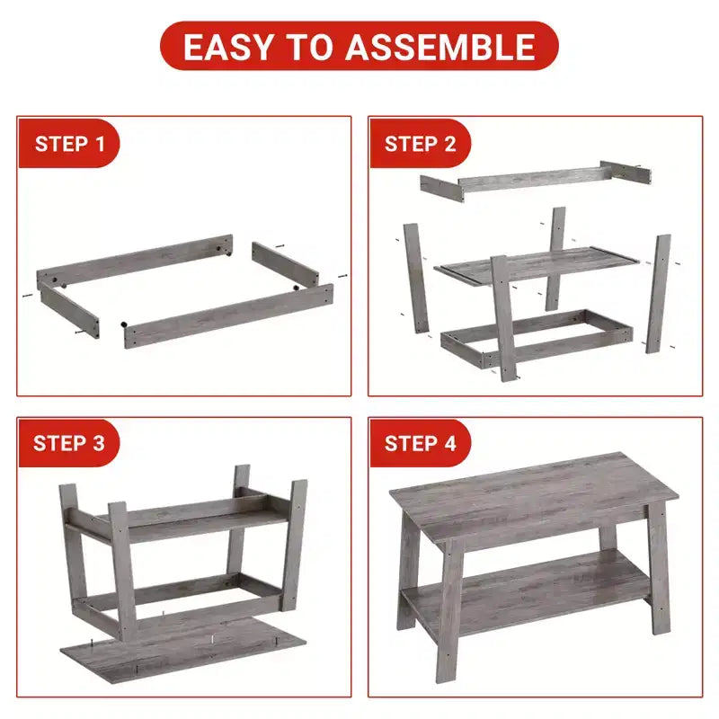 Table basse en bois de style ferme, avec 2 étagères de rangement pour petits espaces, table basse moderne