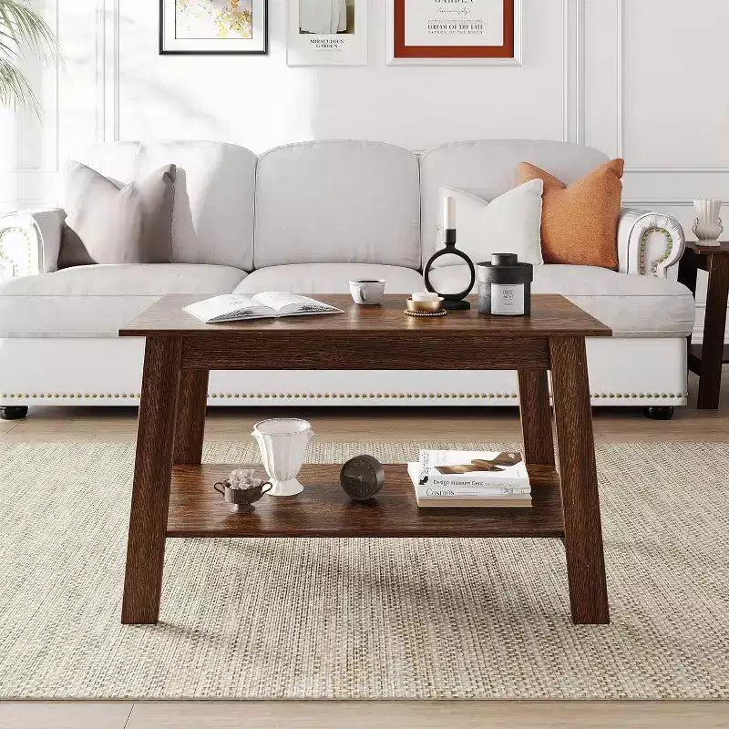 Table basse en bois de style ferme, avec 2 étagères de rangement pour petits espaces, table basse moderne