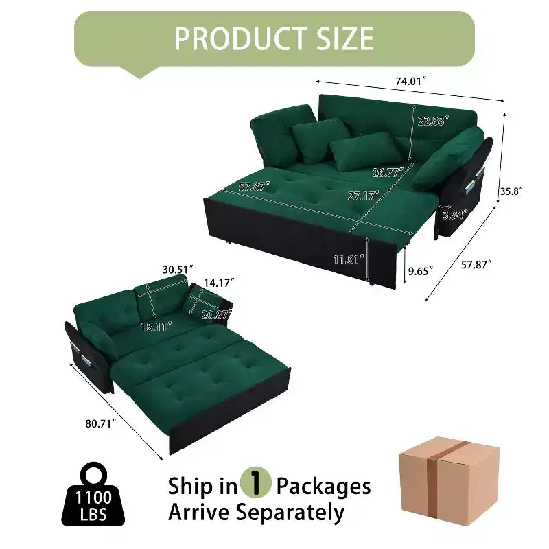 Canapé-lit convertible Tachi Modern multi-fonctionnel 74'' en chenille, taille Queen
