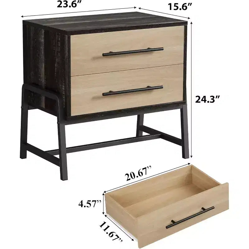 Table de chevet de ferme marron foncé, 2 tiroirs, table d'appoint en bois clair avec pieds en métal, table de chevet de chambre à coucher ou de salon