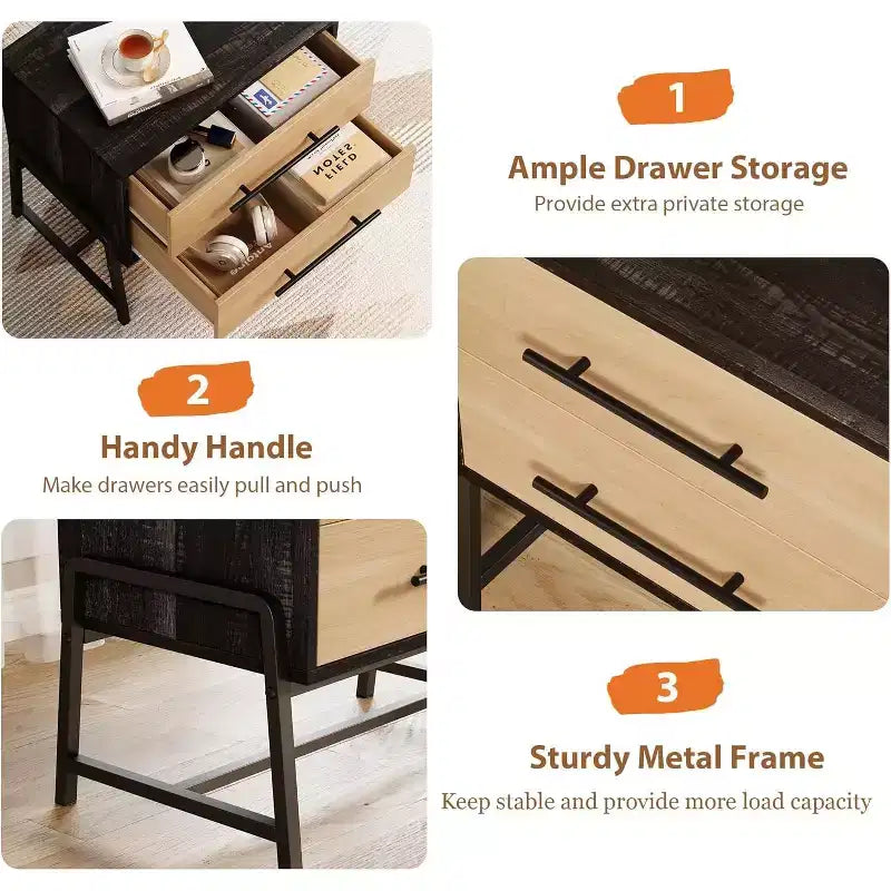 Table de chevet de ferme marron foncé, 2 tiroirs, table d'appoint en bois clair avec pieds en métal, table de chevet de chambre à coucher ou de salon