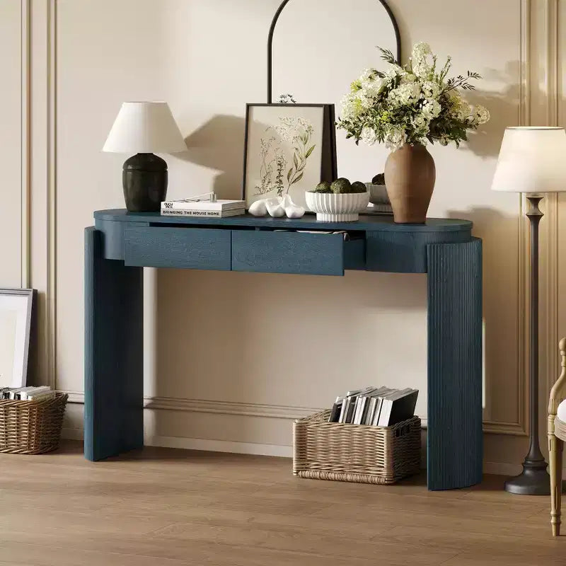 Table d'entrée avec finition grain de bois naturel Console avec design cannelé Plateau ovale et 2 tiroirs pour l'entrée et le salon Noir
