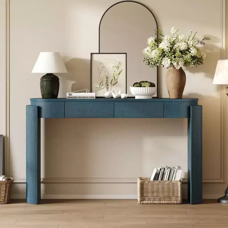 Table d'entrée avec finition grain de bois naturel Console avec design cannelé Plateau ovale et 2 tiroirs pour l'entrée et le salon Noir