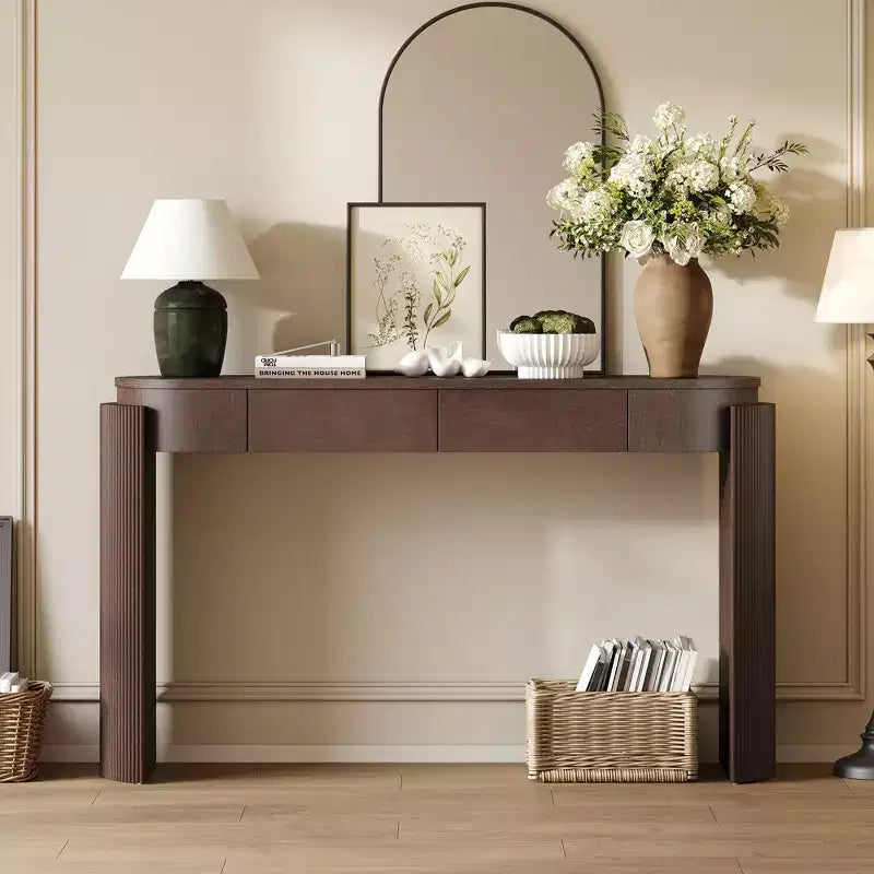 Table d'entrée avec finition grain de bois naturel Console avec design cannelé Plateau ovale et 2 tiroirs pour l'entrée et le salon Noir