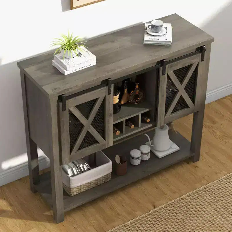 Meuble de bar à café, Buffet de ferme avec portes coulissantes de grange, Casier à vin, Étagère de rangement ouverte
