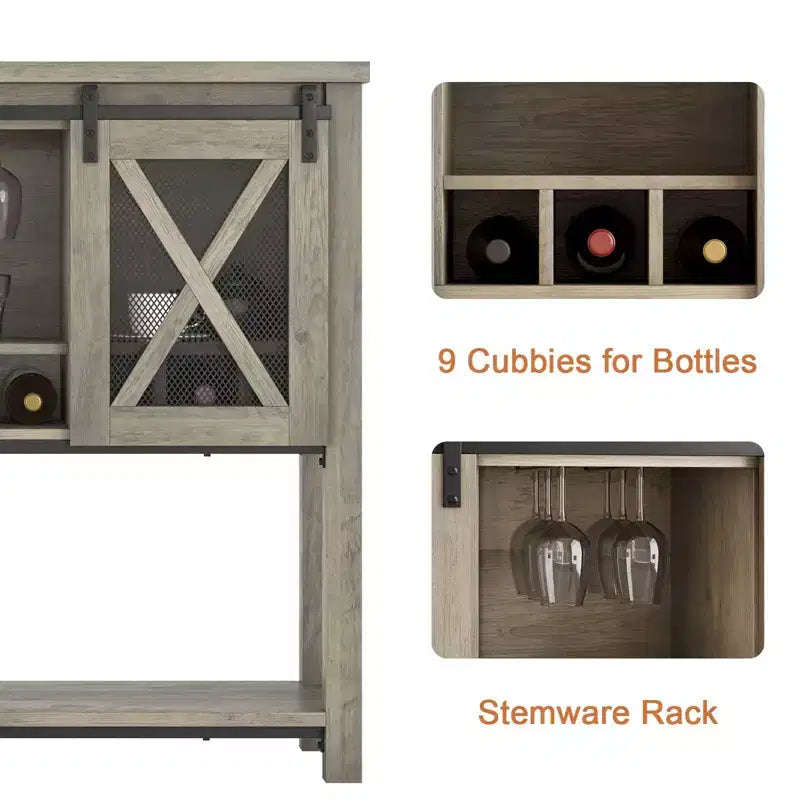 Meuble de bar à café, Buffet de ferme avec portes coulissantes de grange, Casier à vin, Étagère de rangement ouverte