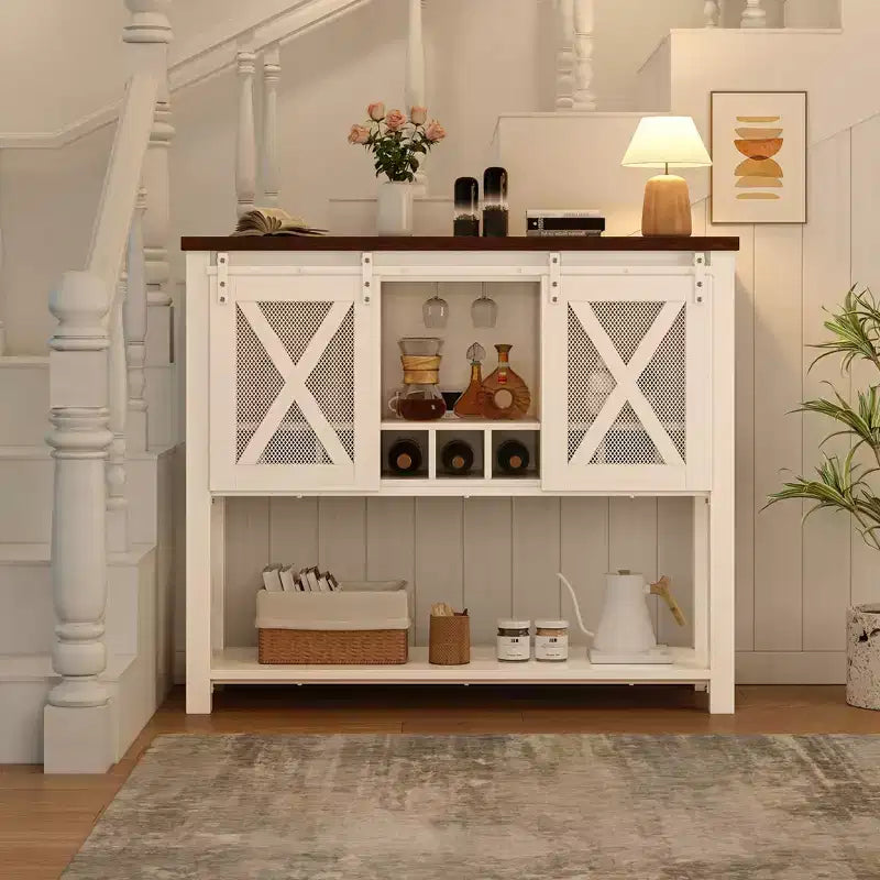 Meuble de bar à café, Buffet de ferme avec portes coulissantes de grange, Casier à vin, Étagère de rangement ouverte