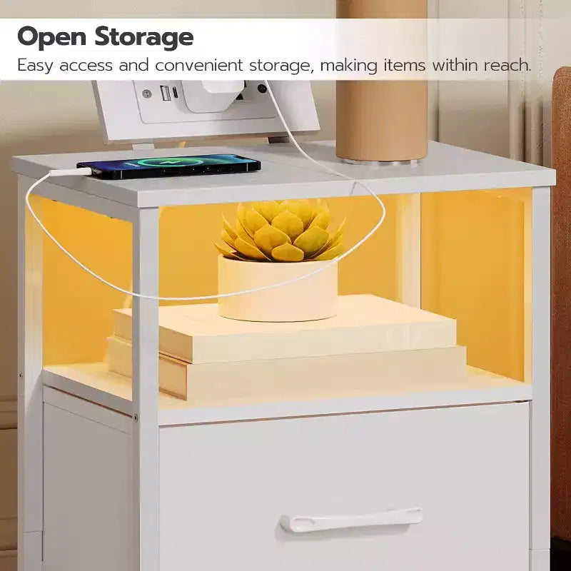Table de chevet avec station de recharge, Table de nuit blanche avec lumières LED et 2 tiroirs en tissu, Table d'appoint avec 2 prises CA/USB/Type-C