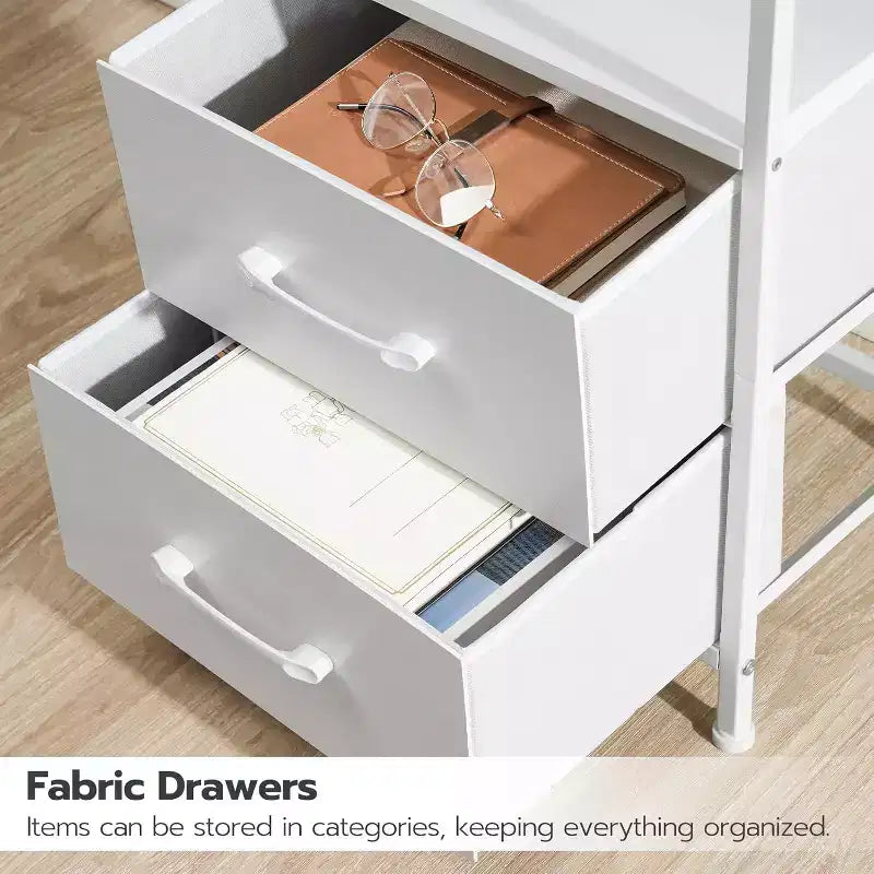Table de chevet avec station de recharge, Table de nuit blanche avec lumières LED et 2 tiroirs en tissu, Table d'appoint avec 2 prises CA/USB/Type-C