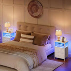 Table de chevet avec station de recharge, Table de nuit blanche avec lumières LED et 2 tiroirs en tissu, Table d'appoint avec 2 prises CA/USB/Type-C