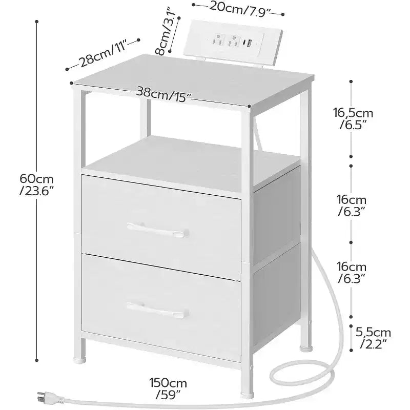 Table de chevet avec station de recharge, Table de nuit blanche avec lumières LED et 2 tiroirs en tissu, Table d'appoint avec 2 prises CA/USB/Type-C