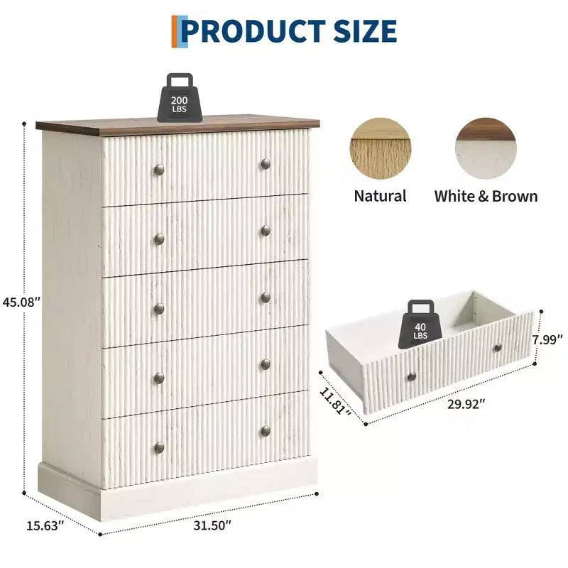 Commode haute à 5 tiroirs pour chambre à coucher, commode verticale cannelée, commode de rangement en bois avec poignées en métal, commode peu encombrante