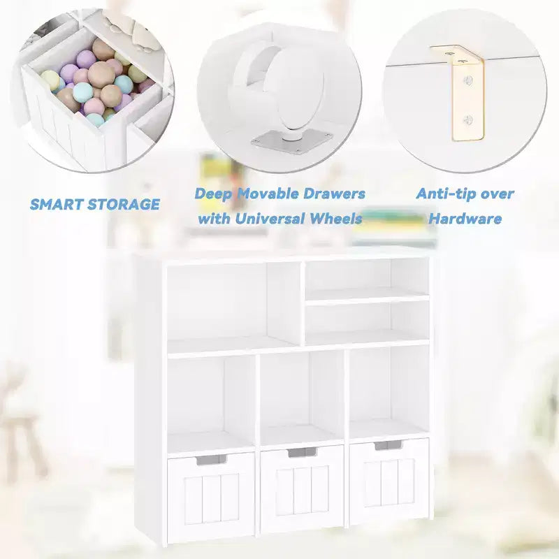Meuble de rangement pour jouets et bibliothèque pour enfants avec 3 tiroirs mobiles et 6 casiers de rangement, idéal pour l'organisation de la salle de jeux et de la chambre d'enfant