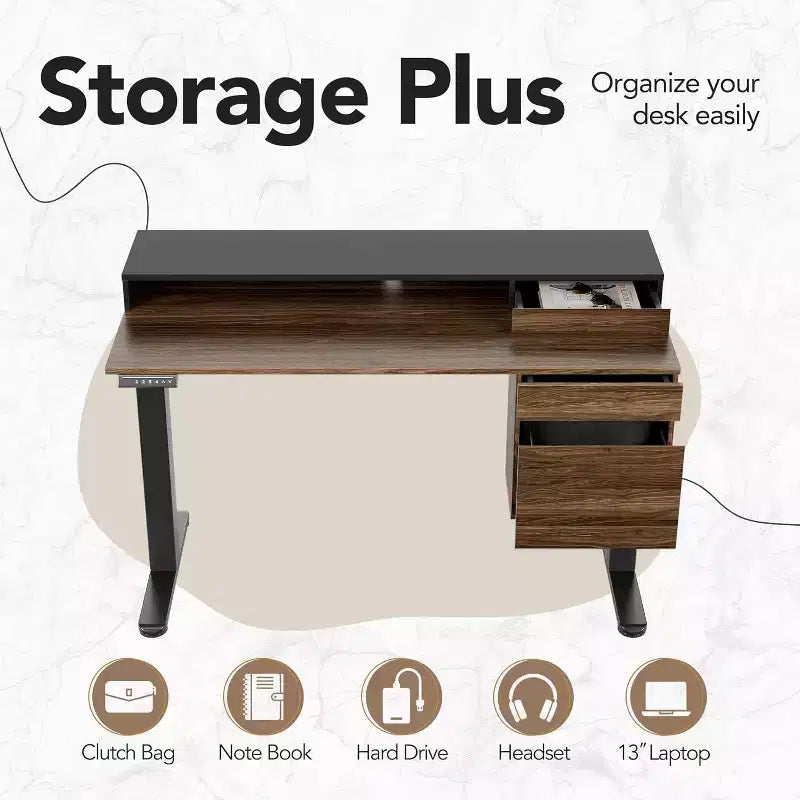 Bureau debout avec tiroirs et classeur, bureau électrique réglable en hauteur de 120 cm avec rangement, table ergonomique avec support d'écran
